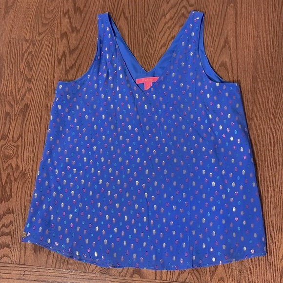 Lilly Pulitzer Florin SILK Royal Blue metallic polka dots Tank top V neck / back - Picture 12 of 12